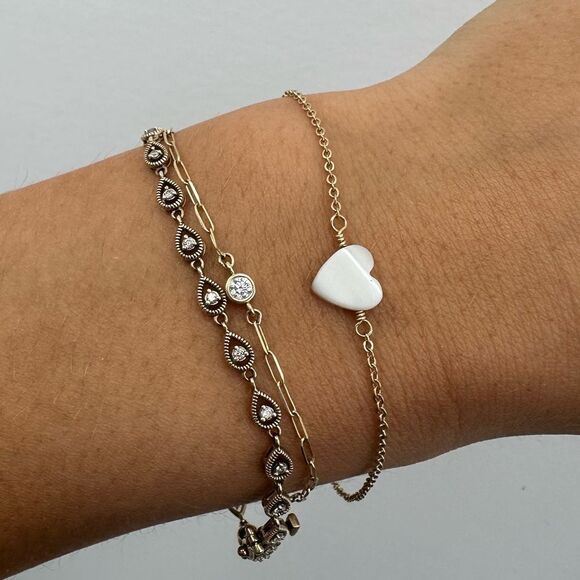14k GF Yellow Gold Shell Heart Charm Bracelet Adjustable Size 6.5 - 8 - Picture 1 of 12